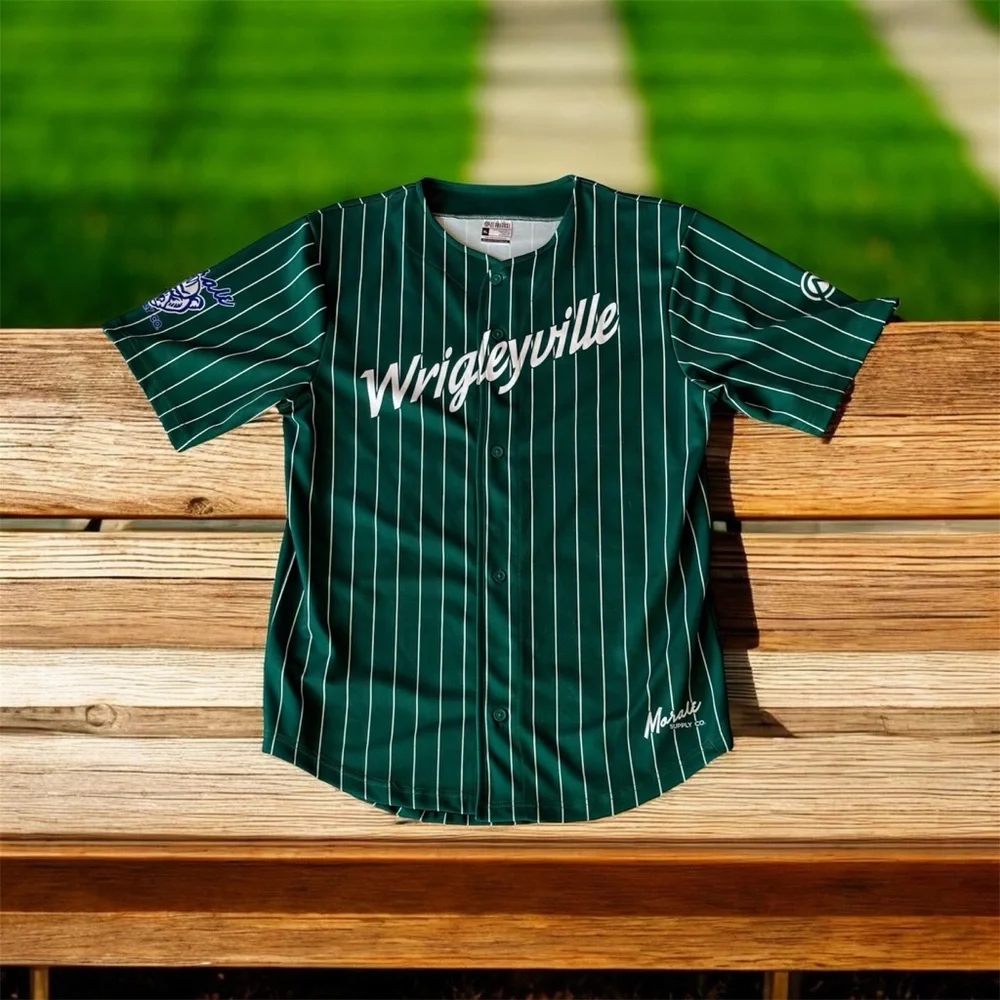 Wrigleyville Chicago Cubs Green Pinstripe Men's Baseball Jersey *Rare* - Picture 6 of 6